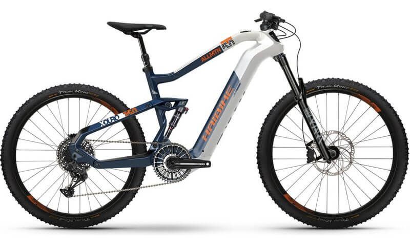 Haibike XDURO AllMtn 5.0 Flyon 2021 in der Farbe weiß / blau / orange